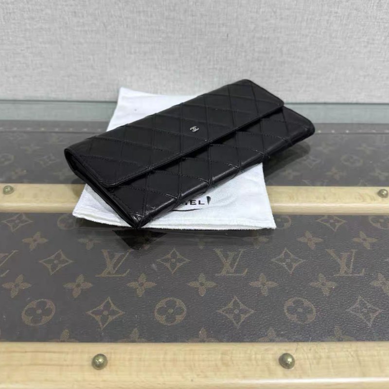 CHANEL 黑銀菱格紋長夾 98新配件塵袋保卡-2