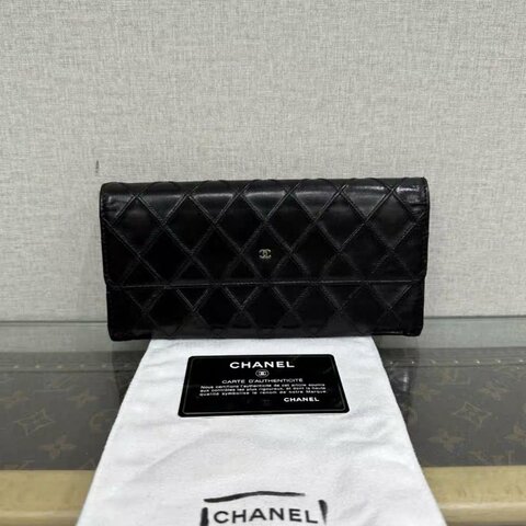 CHANEL 黑銀菱格紋長夾 98新配件塵袋保卡