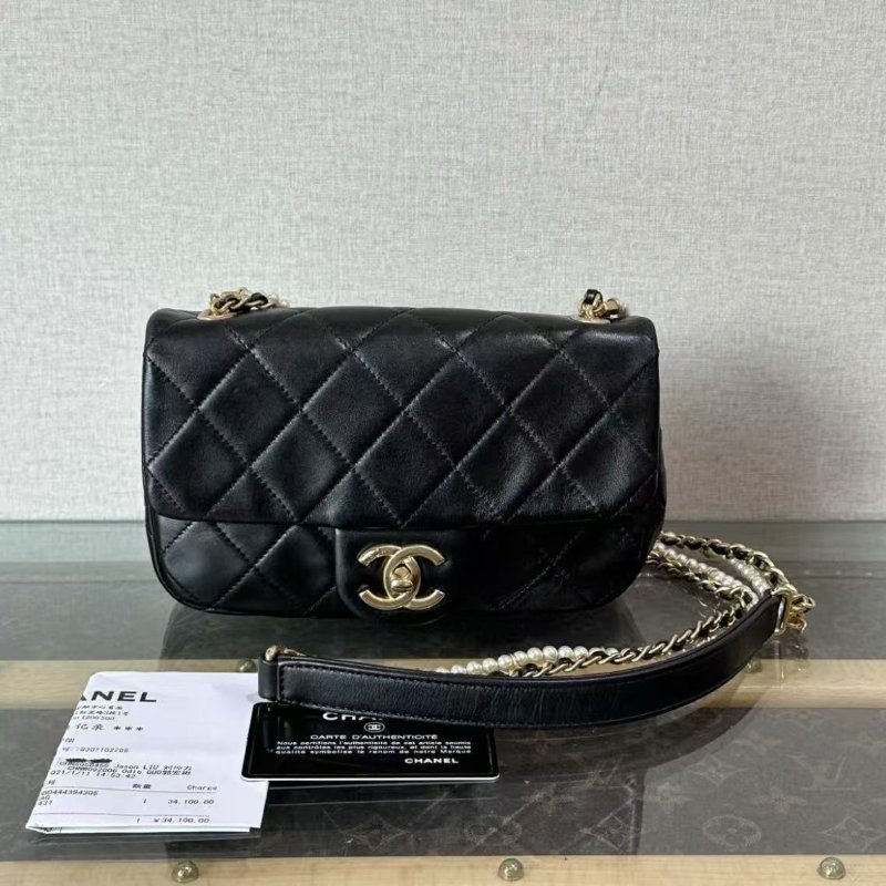 ✨CHANEL 珍珠大mini金扣鍊條斜背包 19*11*5 98新配件塵袋保卡-0