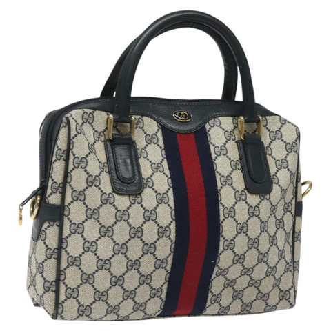 GUCCI GG Supreme Sherry Line 手提包 PVC 皮革 海軍藍 紅色 010 378 正品 BD957