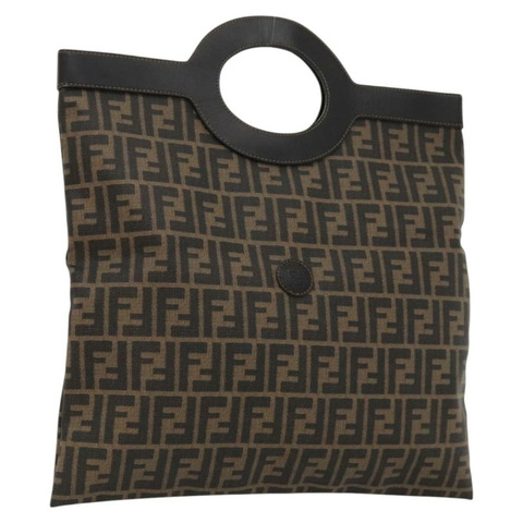 FENDI Zucca 帆布手提包 PVC 黑棕色 正品 117576