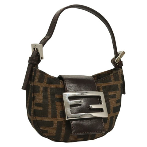 FENDI Zucca 帆布迷你牛角麵包手提包黑棕銀色正品 124492