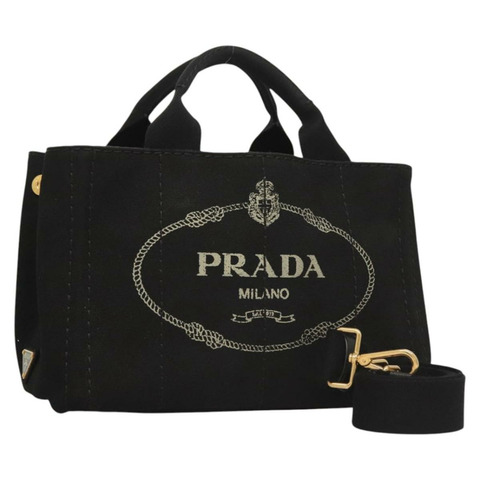 PRADA Canapa PM 手袋 帆布 2 向 黑色 金色 正品 PP571V