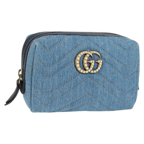 GUCCI GG Marmont 牛仔布手拿包 藍金色 476165 正品 ac3829M