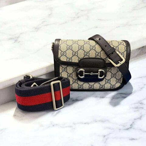 GUCCI 1955馬銜釦斜背包/藍色