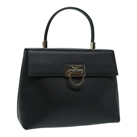 Salvatore Ferragamo Gancini 手提包 皮革 黑金色 正品 87899