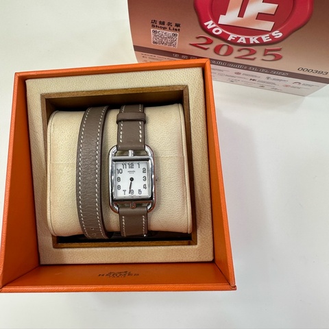 Hermes 愛馬仕cape cod 女士石英腕錶 大象灰皮錶帶 白色錶盤 27*34mm表徑 框P刻