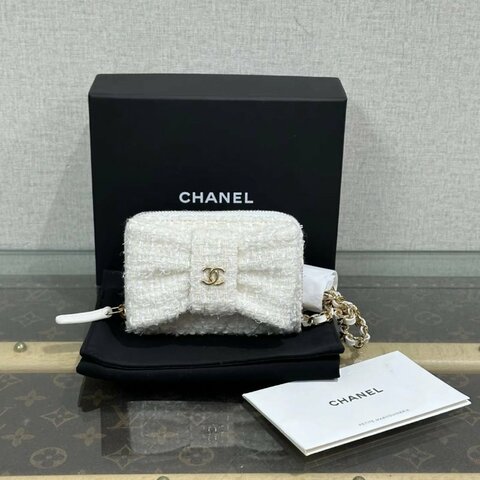 CHANEL vic禮物白金毛呢蝴蝶結肩背斜背包11*8*3 全新配件塵袋盒子