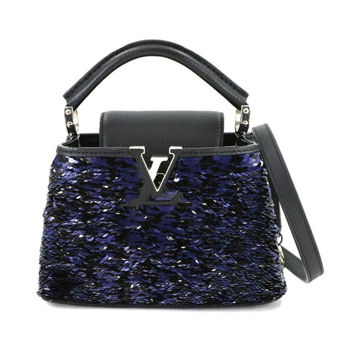 LOUIS VUITTON Capucines MINI 2way 手提單肩包 Taurillon 皮革亮片黑色海軍藍 M41805