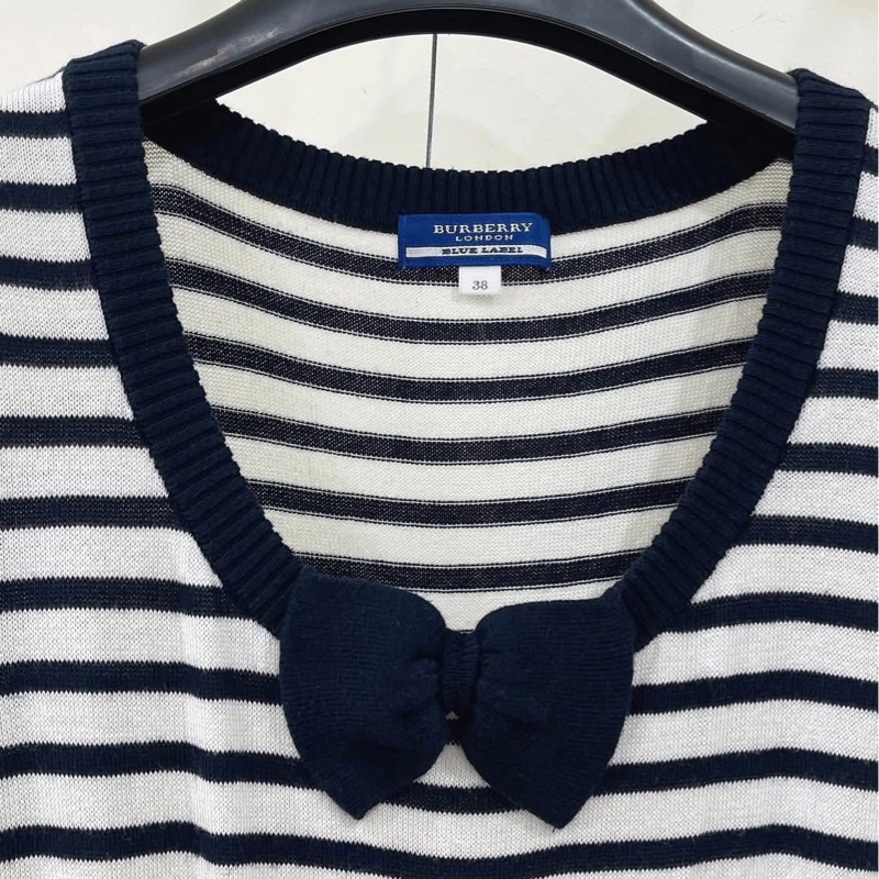 BURBERRY 藍標   橫條拼接蝴蝶結針織洋裝-3