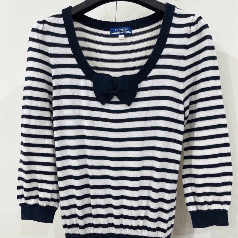 BURBERRY 藍標   橫條拼接蝴蝶結針織洋裝-5