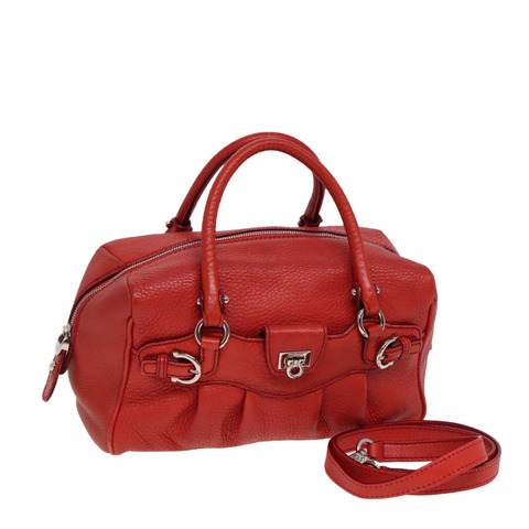 Salvatore Ferragamo Gancini 手提包 皮革 2 向 紅色 正品 78767