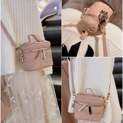 Dior Lady  Dior Vanity 金色拉鏈粉色羊皮革化妝包 盒子包