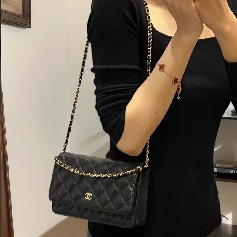 Chanel 香奈兒經典woc 黑色荔枝皮 金logo 芯片款-7