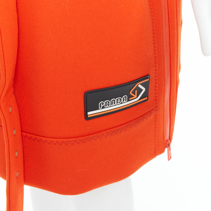 rare PRADA 2018 Runway orange virgin wool belted puffer lined long vest IT38 XS-1