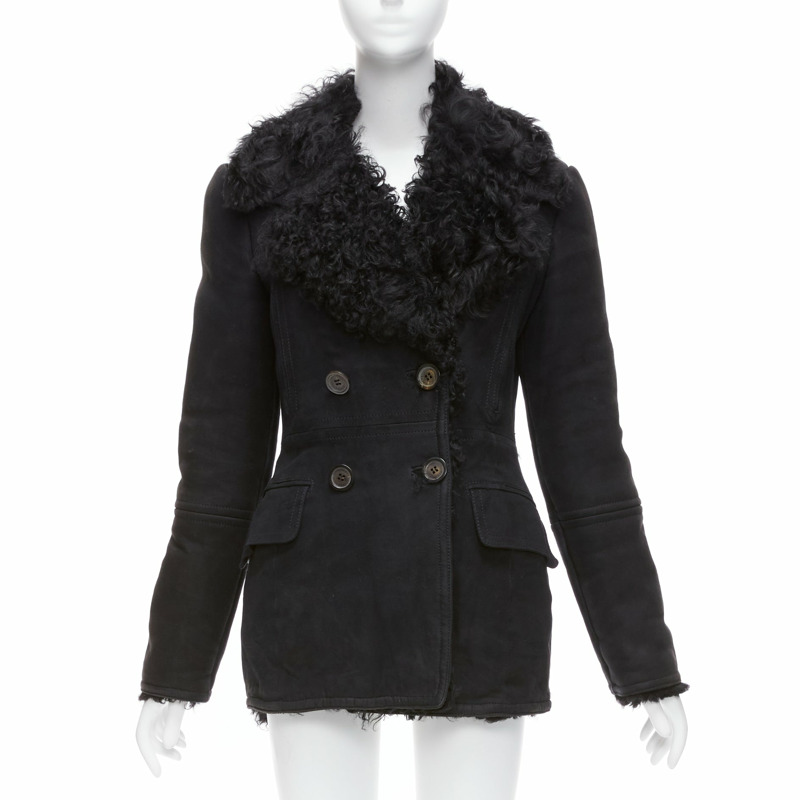 GUCCI Tom Ford Vintage black shearling double breasted coat IT42 M-0