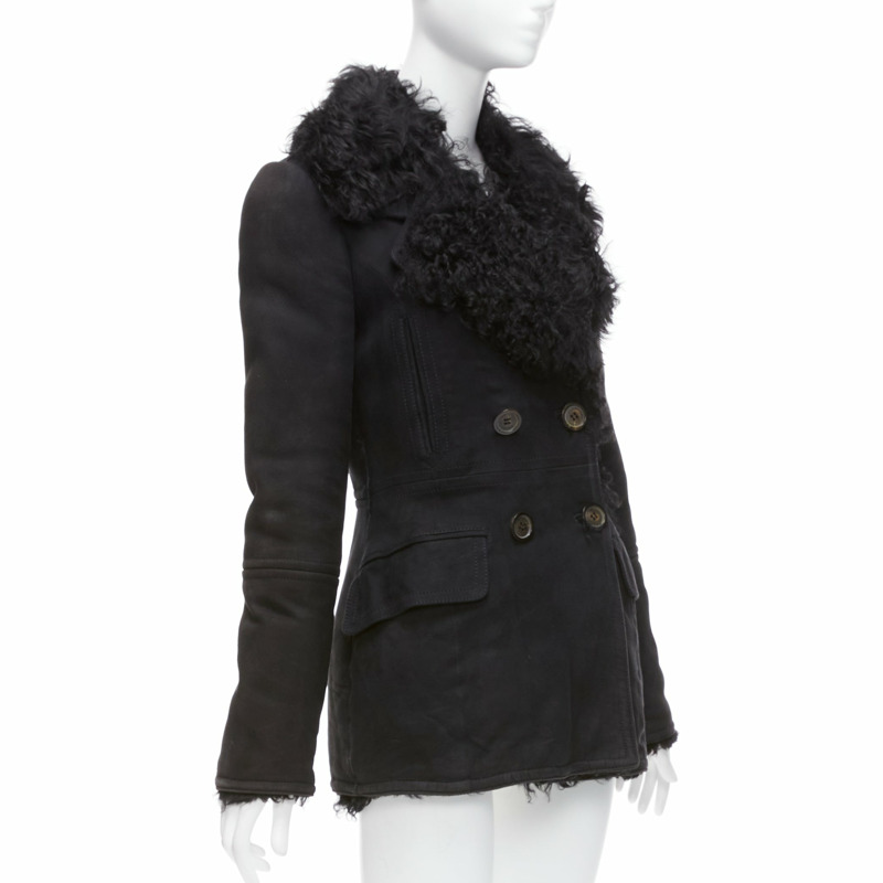 GUCCI Tom Ford Vintage black shearling double breasted coat IT42 M-3