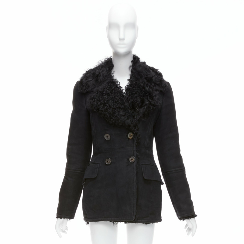 GUCCI Tom Ford Vintage black shearling double breasted coat IT42 M-10