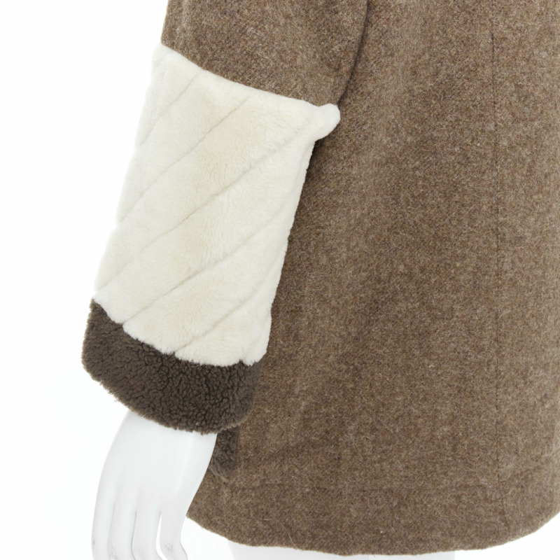 FENDI colorblocked brown wool patchwork fur hooded parka coat IT38 XS-1