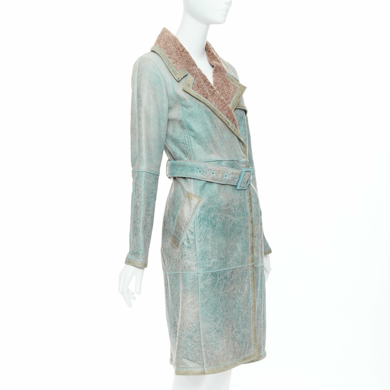 rare CHRISTIAN DIOR John Galliano Vintage washed blue babylamb leather coat FR36 S-3