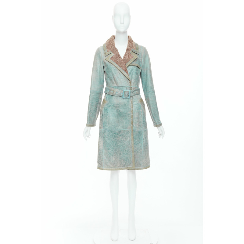 rare CHRISTIAN DIOR John Galliano Vintage washed blue babylamb leather coat FR36 S-9
