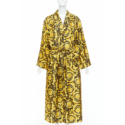 VERSACE 100% silk Signature Barocco Baroque print gold black robe gown Sz 2 M
