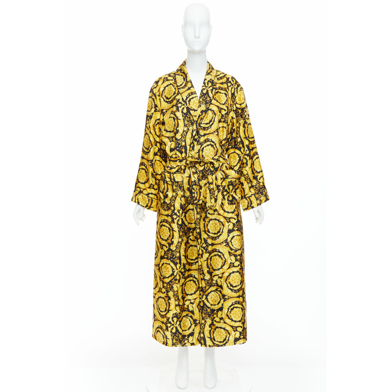 VERSACE 100% silk Signature Barocco Baroque print gold black robe gown Sz 2 M-7