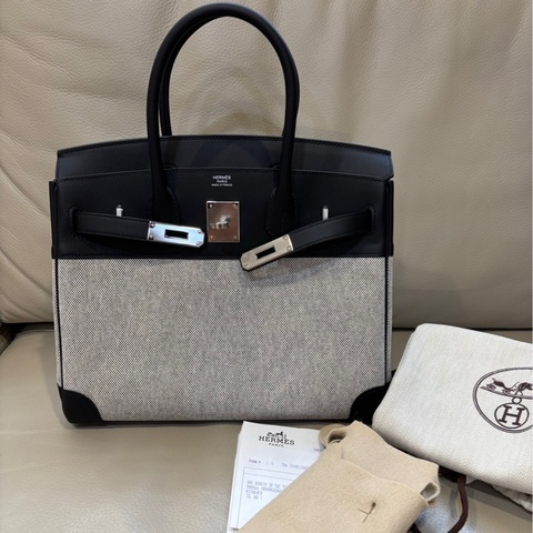 Hermes愛馬仕 birkin30帆布拼皮 黑銀熊貓 K刻 25年7月 有購證大全套