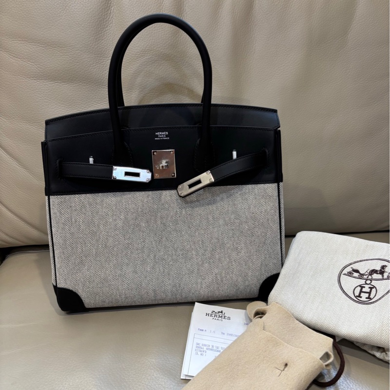 Hermes愛馬仕 birkin30帆布拼皮 黑銀熊貓 K刻 25年7月 有購證大全套-1