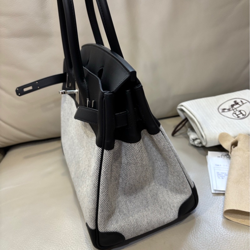 Hermes愛馬仕 birkin30帆布拼皮 黑銀熊貓 K刻 25年7月 有購證大全套-4