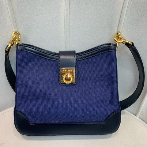 CELINE 藍色布面拼皮金扣斜孭袋  XB525