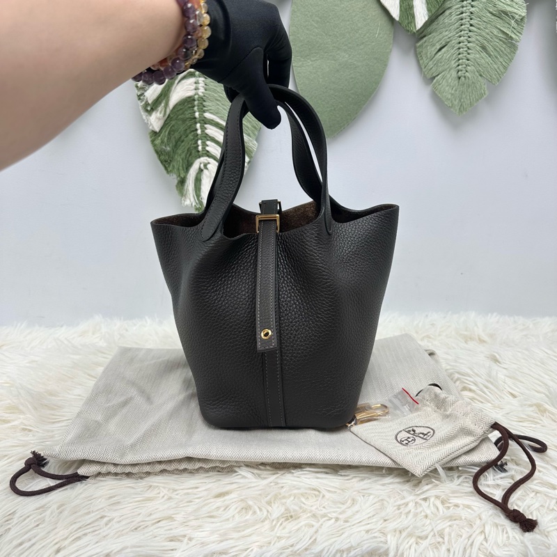 全新🔥HERMES PICOTIN 18 烏木色金扣菜籃子 Z Stamp 手提包-0