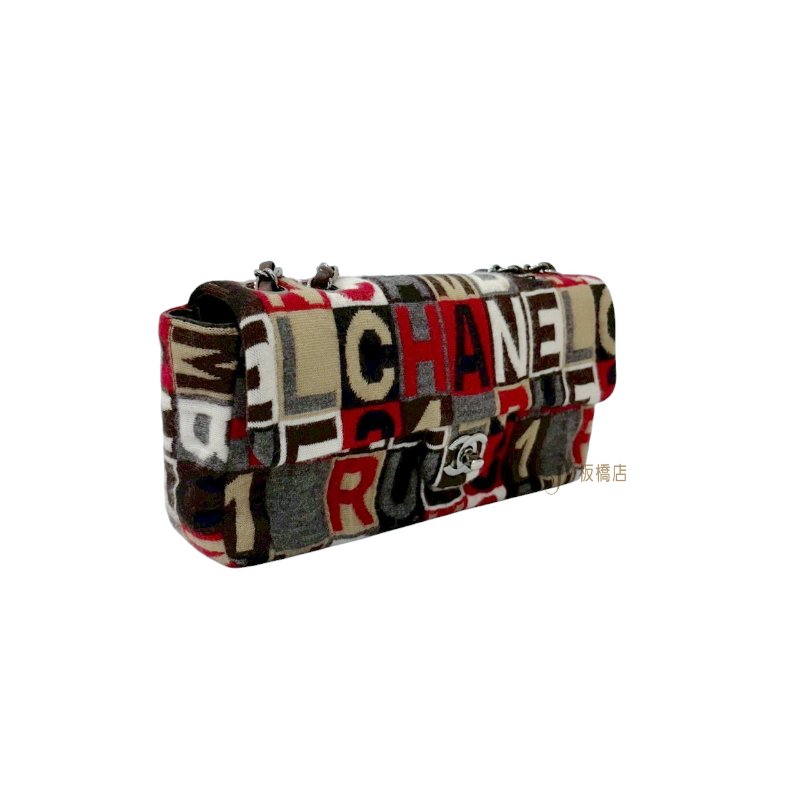 CHANEL 字母彩格羊毛針織銀釦口蓋包-2