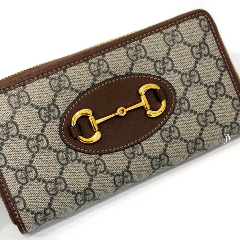 GUCCI 老花焦糖色馬銜釦1955拉鍊長夾 621889-6