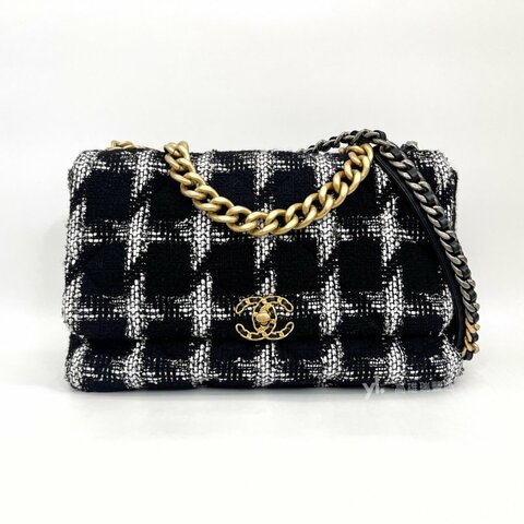 ❣Chanel包包 黑白毛呢19霧金釦三色鏈下蓋超大型手提肩斜背包