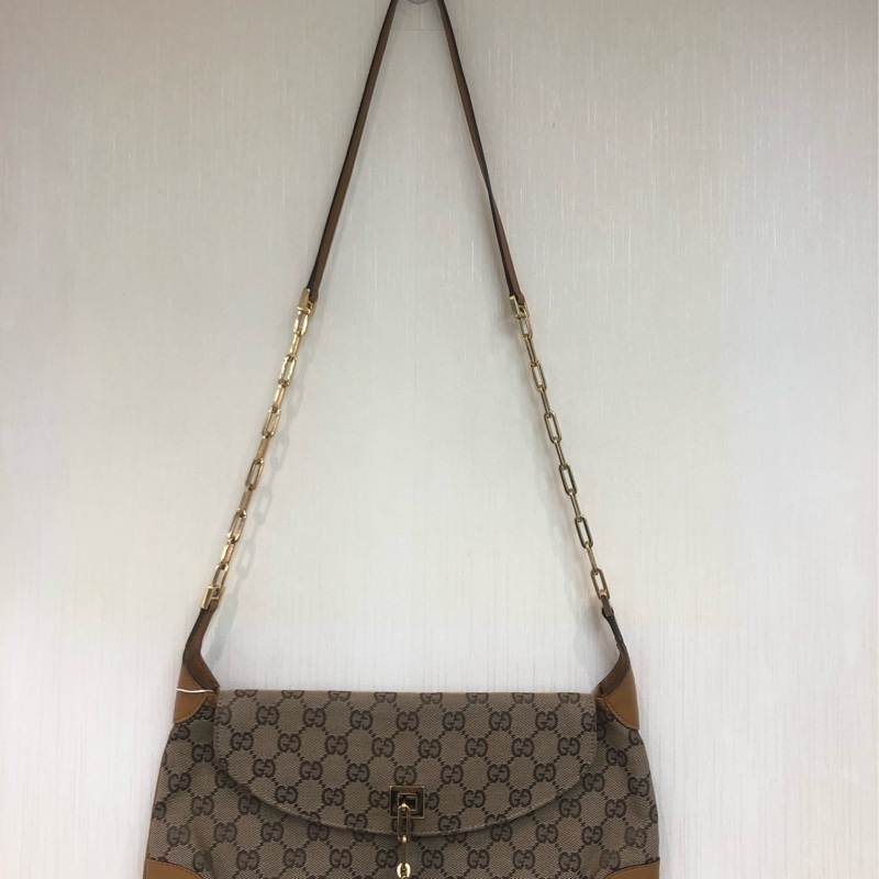 Gucci 經典啡色布面老花GG 金色老虎扣XB087-0