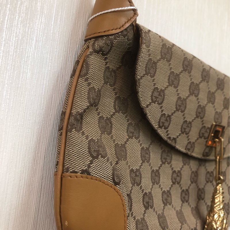 Gucci 經典啡色布面老花GG 金色老虎扣XB087-2