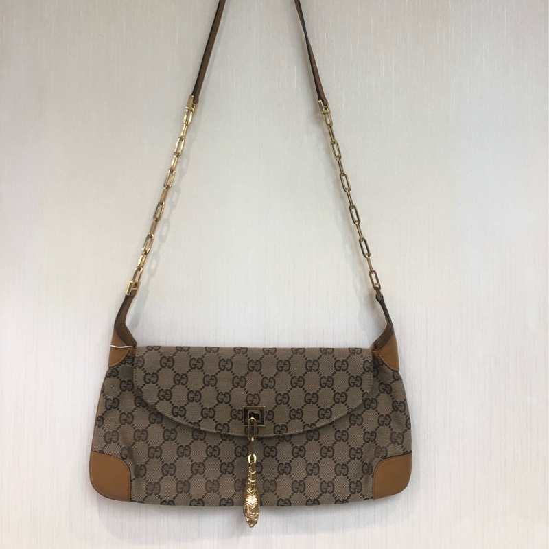 Gucci 經典啡色布面老花GG 金色老虎扣XB087-10