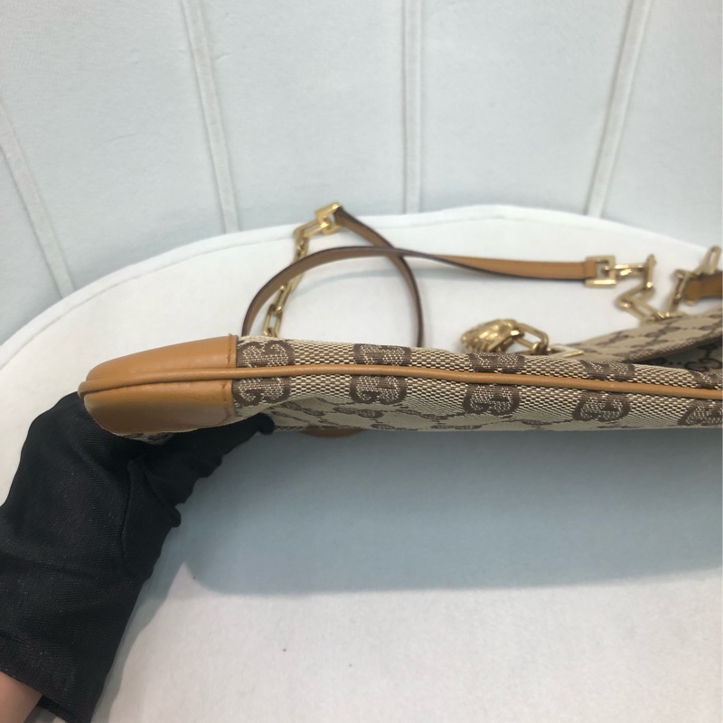 Gucci 經典啡色布面老花GG 金色老虎扣XB087-12