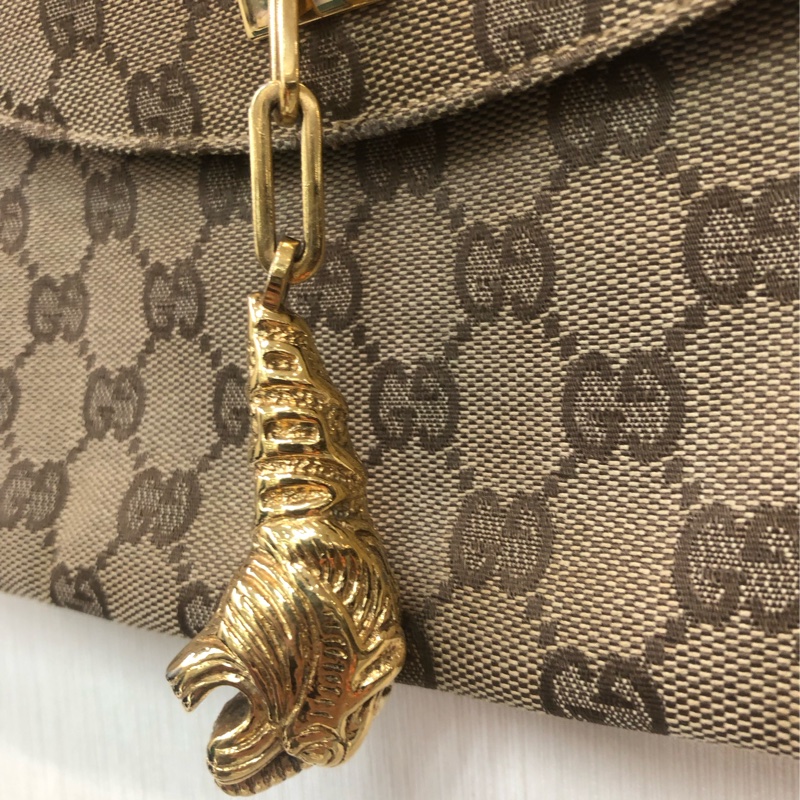 Gucci 經典啡色布面老花GG 金色老虎扣XB087-39