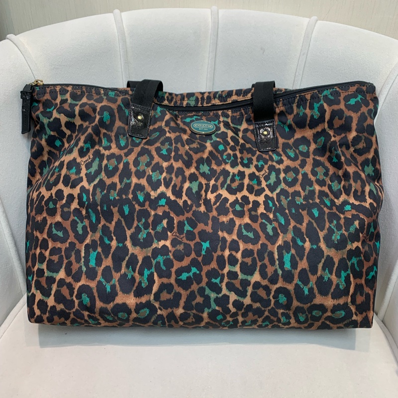 Coach 啡色豹紋大托特包 布料 XB543-9