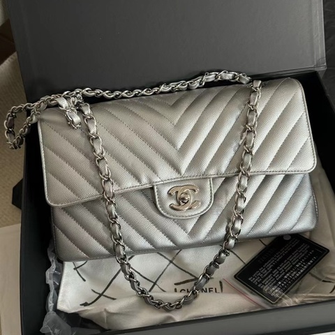 Chanel cf 中號 銀色銀扣斜V荔枝皮