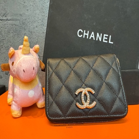 CHANEL 荔枝皮大Logo黑金零錢卡包 超美唷🖤