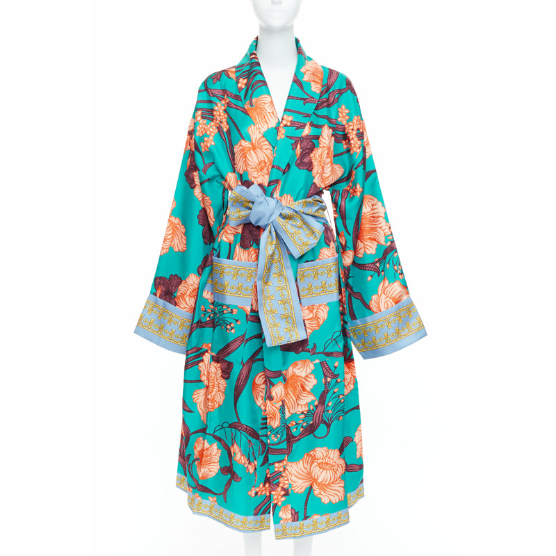 VERSACE 100% silk Baroque Art Deco green orange floral Medusa print robe gown L-0