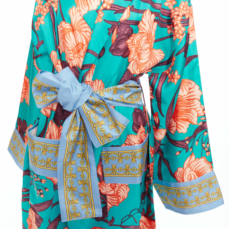 VERSACE 100% silk Baroque Art Deco green orange floral Medusa print robe gown L-1