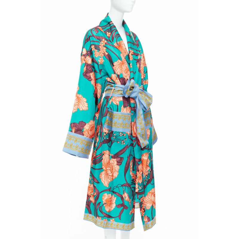 VERSACE 100% silk Baroque Art Deco green orange floral Medusa print robe gown L-2