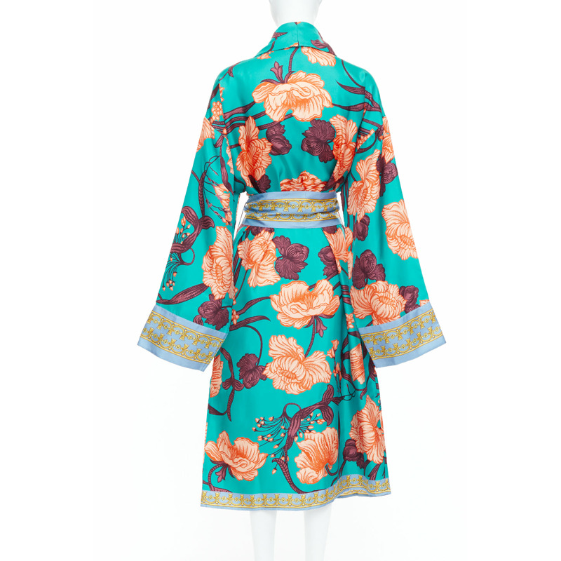 VERSACE 100% silk Baroque Art Deco green orange floral Medusa print robe gown L-4