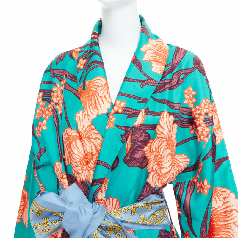 VERSACE 100% silk Baroque Art Deco green orange floral Medusa print robe gown L-6