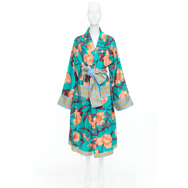 VERSACE 100% silk Baroque Art Deco green orange floral Medusa print robe gown L-8