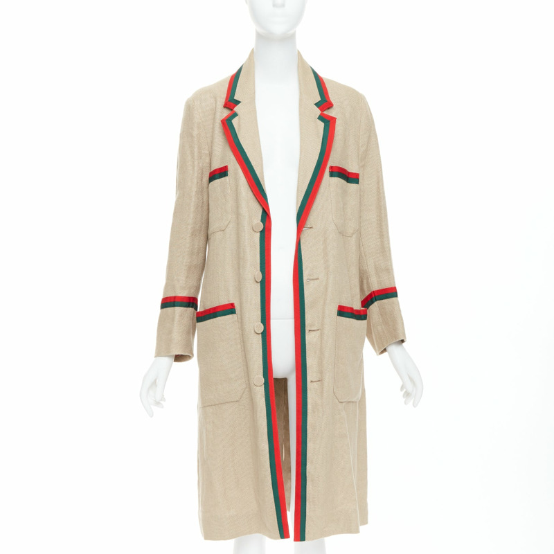GUCCI Garden Alessandro Michele beige green red web trim long coat-2